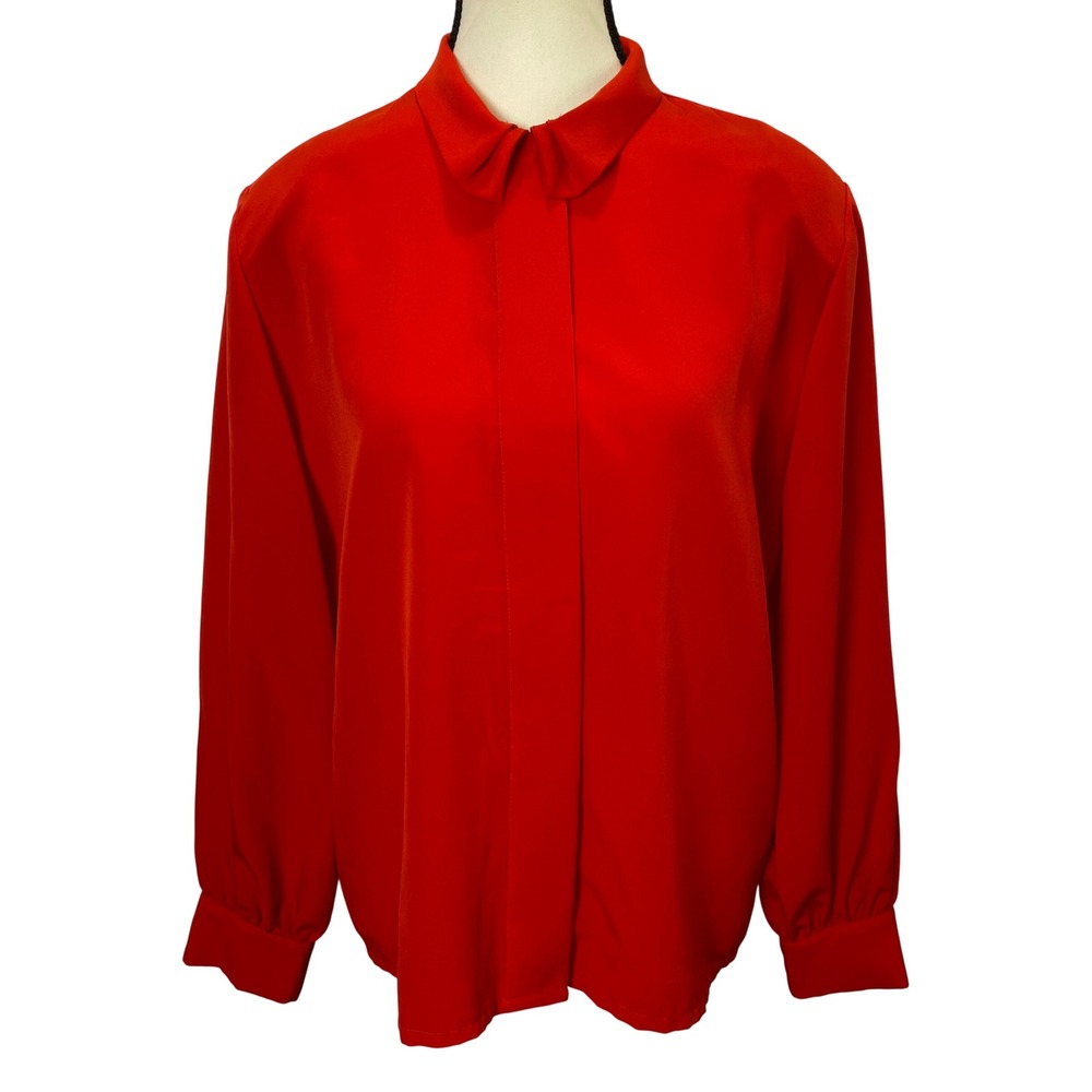 Pendleton Blouse Women 16 Petite Red Hidden Button Vintage 80s Made in USA